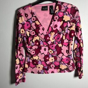Acess Liz Claiborne Company Womens Floral Print V Neck Long Sleeve Top Size S